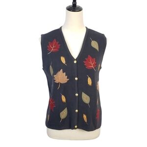 Vintage Croft & Barrow Embroidered Falling Leaves Button Sweater Vest PET M Fall